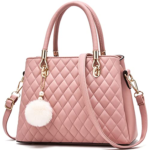 I IHAYNER Womens Leather Handbags Purses Top-handle Totes Satchel Shoulder Bag for Ladies with Pompon (Pink)