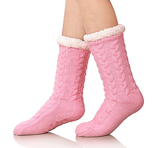 SDBING Women's Winter Super Soft Warm Cozy Fuzzy Fleece-Lined with Grippers Slipper Socks (Pink)