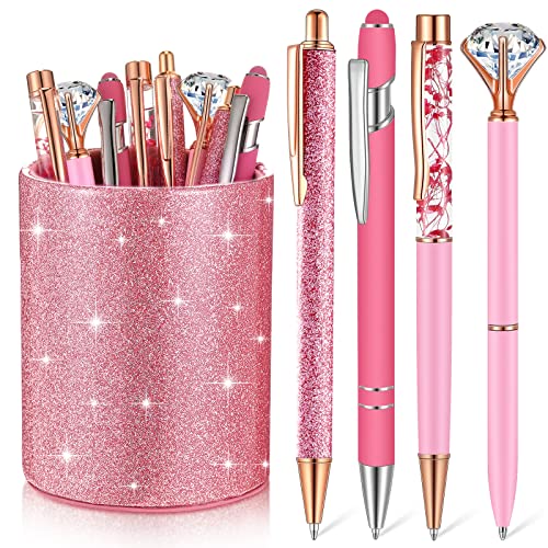 Sabary 8 Pcs Ballpoint Pens with Pen Holder for Desk Metal Crystal Diamond Pen Glitter Pencil Holder Fancy Pens Black Ink Bling Desk Organizer for Women Girls Office School Teacher Gifts (Pink)