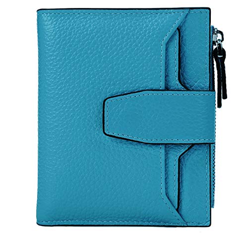 AINIMOER Women's RFID Blocking Leather Small Compact Bi-fold Zipper Pocket Wallet Card Case Purse(Lichee Sky Blue)