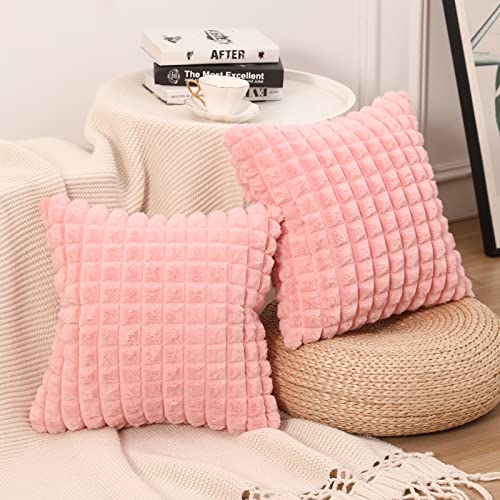 MANDIOO Set of 2 Super Soft Plush Faux Fur Throw Pillow Covers 16x16 Inch,Plaid Texture Modern Luxury Decorative Pillow Case Coushion Cover for Home Decor Sofa Couch Bed Livingroom Farmhouse,Pink