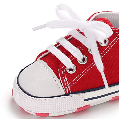 Baby or Toddler Girls or Boys Canvas Sneakers, Soft Sole, High Top First Walkers Shoes, 22 colors  (Red)
