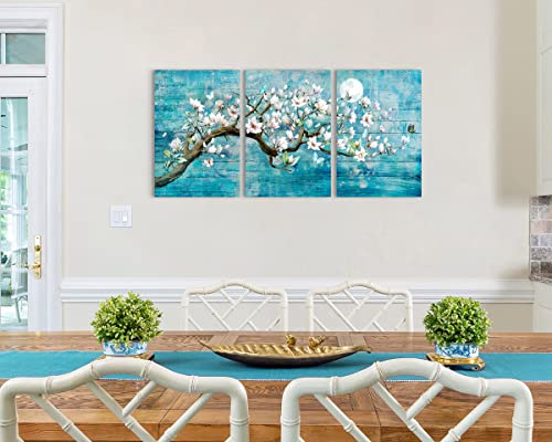 Wall Art Flower Cherry Blossom Painting for Wall Living Room Art Abstract Blue Teal Home Decor Gallery Wrapped Canvas Tree Moon Butterfly Picture for Bedroom Wall Decor Bathroom Office Artwork 48x24in