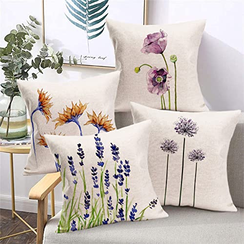 Set of 4 Green Plant Floral Decorative Throw Pillow Covers, Indoor/Outdoor, 18 x 18 inches