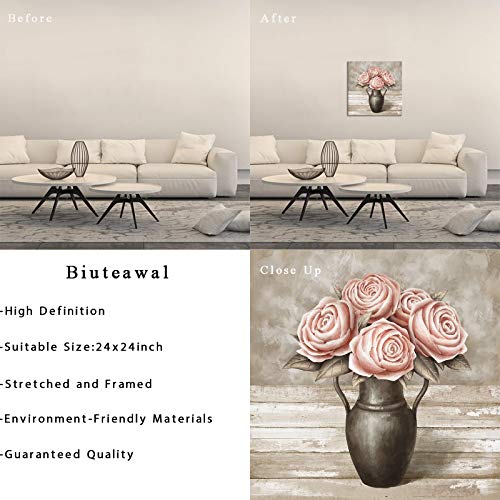 Biuteawal Floral Bouquet Canvas Wall Art Pink Rose Flower in Vintage Vase Pictures Painting Prints Still Life Artwork for Home Kitchen Bathroom Bedroom Decoration Ready to Hang