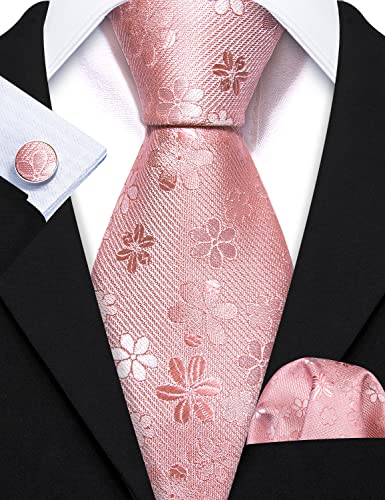 Barry.Wang Mens Pink Tie Silk Jacquard Pink Floral Fahsion Wedding Business Formal Necktie and Pocket Squre Set Cufflinks