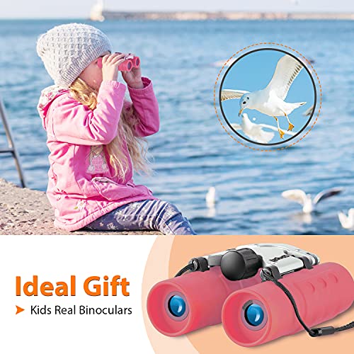 Obuby Real Binoculars for Kids Gifts for 3-12 Years Boys Girls 8x21 High-Resolution Optics Mini Compact Binocular Toys Shockproof Folding Small Telescope for Bird Watching,Travel, Camping, Rose Red