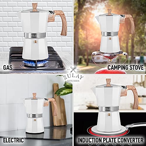Zulay Classic Stovetop Espresso Maker for Great Flavored Strong Espresso, Classic Italian Style 5.5 Espresso Cup Moka Pot, Makes Delicious Coffee, Easy to Operate & Quick Cleanup Pot (White)
