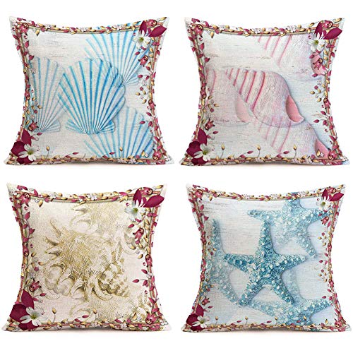 Fukeen Coastal Beach Throw Pillow Covers Set of 4 Flowers Frame with Ocean Sea Animals Starfish Scallop Conch Shells Decorative Pillow Cover 18”x18” Cotton Linen Marine Home Outdoor Decor Pillowcase