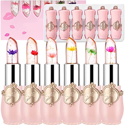 SuperThinker Crystal Jelly Flower Lipstick - Moisturizer Clear Lip Gloss Balm Color Changing with Temperature Mood Lipstick include Benefit Vitamin - Pack of 6 (Pink)