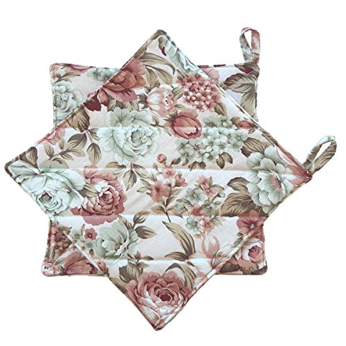 CUSHYSTORE Canvas Pot Holder Oven Pads Potholders for Cooking Kitchen 7.75", 2 Packs (Pink Rose Flower)