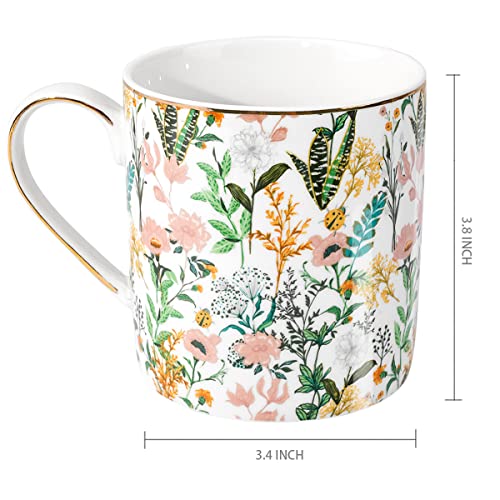 WAVEYU Ceramic Mug for Women, Cute Coffee Water Mug Cup for Christmas Holiday, Floral Design with Handle for Home Office, Decorative Coffee Tea Cup for Girls Teachers Colleagues, 14 oz, White Flower