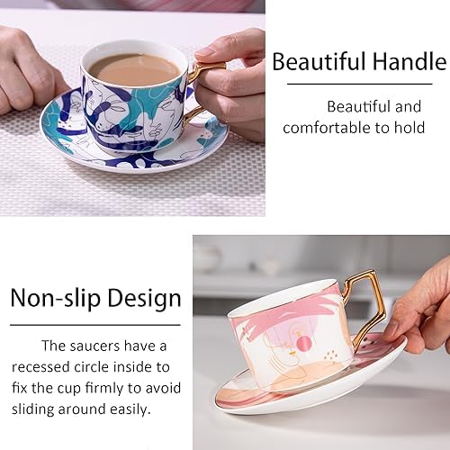 ICHAG Cups and Saucers Set of 6, Coffee Mugs, Tea Cups Set with Bowknot, Tea Set, 18-piece, Cup with 8.4oz, Golden Spoon, For Tea Party, Christmas Gifts, Gifts for Home Office