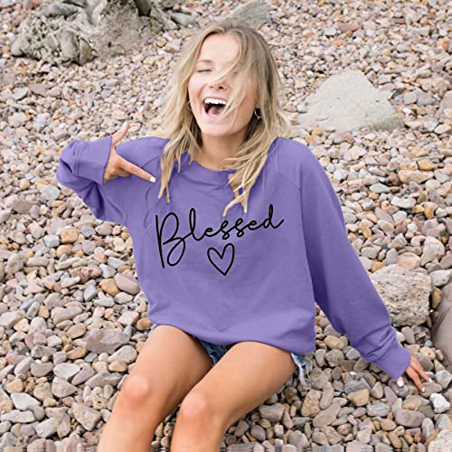 Blessed Sweatshirt for Women Letter Print Lightweight Thanksgiving Pullover Tops Blouse Purple