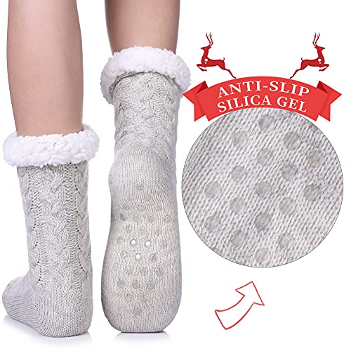 SDBING Women's Winter Super Soft Warm Cozy Fuzzy Fleece-Lined with Grippers Slipper Socks (Beige)