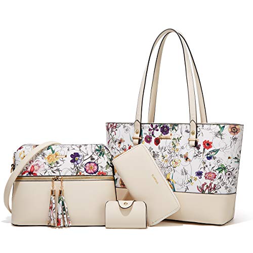Women's Pink & Beige Floral Print 4-Piece Tote Bag, Shoulder Handbag, Clutch Wallet & Card Holder Set  (3 styles)