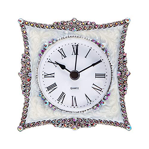 NIKKY HOME Crystal Elegant Small Quartz Analog Table Clock with Rosy Rhinestone 3.5 by 1.5 by 3.5 Inches, White and Pink