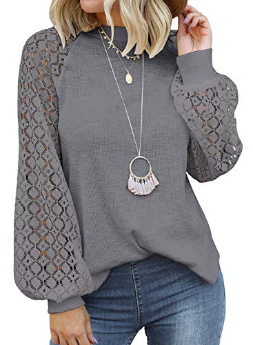 MIHOLL Women’s Long Sleeve Tops Lace Casual Loose Blouses T Shirts (Dark Grey, Small)