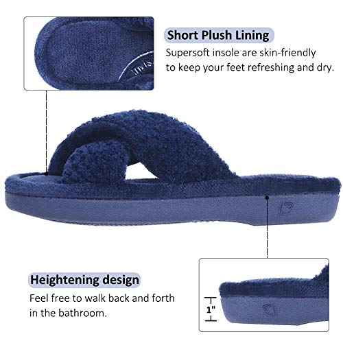 DL Women's Open Toe Cross Band Slippers, Memory Foam Slip on Home Slippers for Women with Indoor Outdoor Arch Support Rubber Sole, Navy, 9-10