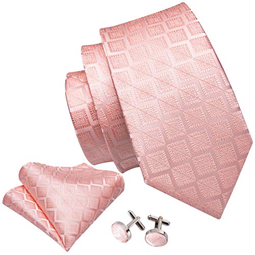 Barry.Wang Mens Ties Silk Tie Pocket Square Cufflinks Set Woven Designer Blush Pink