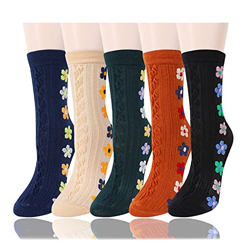 Womens Gils Novelty Funny Funky Crew Socks Colorful Crazy Cute Floral Animal Food Patterned Cotton Dress Socks Gifts，5 Pair Side Sunflower