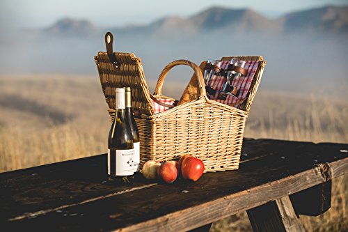 Plaid Piccadilly Willow Picnic Basket for Two People, with Plates, Wine Glasses, Cutlery, and Corkscrew