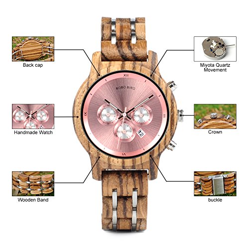 Women's Luxury Wooden Watch w/Pink Chronograph & Date Display