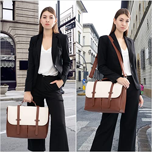 Laptop Bag for Women 15.6 Inch Leather Computer Bag Waterproof Briefcase Messenger Bag for Work College, Brown-Beige
