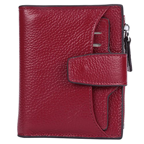 AINIMOER Women's RFID Blocking Leather Small Compact Bi-fold Zipper Pocket Wallet Card Case Purse (Lichee Wine)