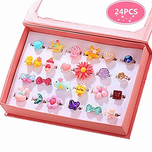 PinkSheep Little Girl Jewel Rings in Box, Adjustable, Set of 24