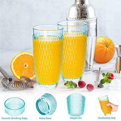 CREATIVELAND Highball Beverage Glasses Set of 6 TURQUOISE Colored Thick & Heavy Base Big Capacity 14.87oz|440ml, Drinking Glass Tumbler for Iced Tea, Water, Soda & Juice and Cocktails etc