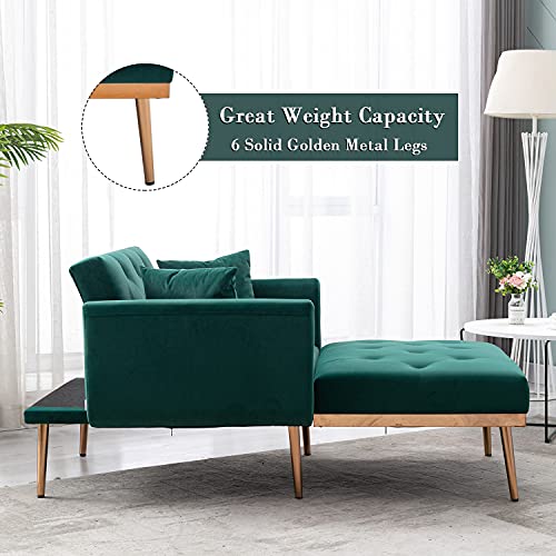 Velvet 2 in 1 Chaise Lounge Chair Indoor, Modern Single Sofa Bed with Two Pillows, Recliner Chair with 3 Adjustable Angles, Convertible Sleeper Chair for Living Room and Bedroom (Green)