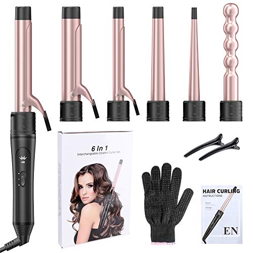 6-in-1 Interchangeable Ceramic Barrel Professional Curling Iron Wand Set, (0.35'' to 1.25'')