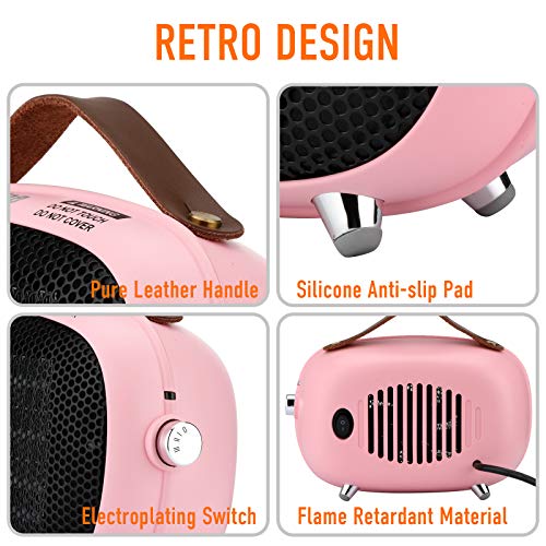 Space Heater, Teioe Small Space Heater for Bedroom, Mini Electric Space Heater with Tip-Over & Overheat Protection, Portable PTC Ceramic Space Heater for Office, Desk, Indoor Use (PINK)