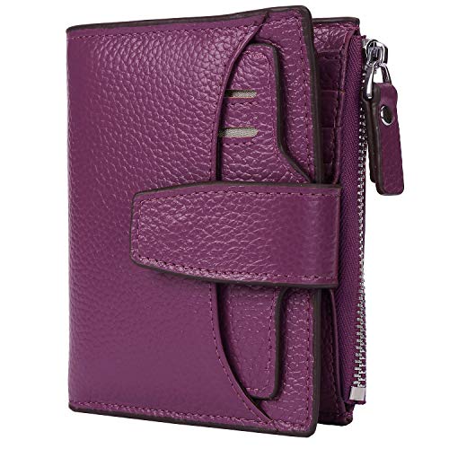 AINIMOER Women's RFID Blocking Leather Small Compact Bi-fold Zipper Pocket Wallet Card Case Purse (Lichee Dark Magenta)