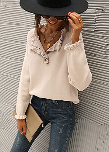 BTFBM Women's Sweaters Casual Long Sleeve Button Down Crew Neck Ruffle Knit Pullover Sweater Tops Solid Color Striped (Solid Apricot, Medium)