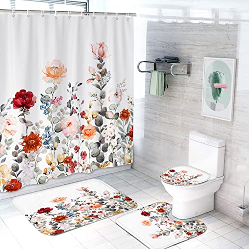 4pcs Floral Shower Curtain Set, Flower Shower Curtain Sets with Non-Slip Rugs, Botanical Nature Shower Curtain Set with Toilet Lid Cover Bath Mats and 12 Hooks for Bathroom(71" X 71", Multi Color)