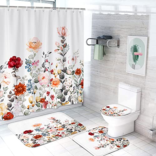 4pcs Floral Shower Curtain Set, Flower Shower Curtain Sets with Non-Slip Rugs, Botanical Nature Shower Curtain Set with Toilet Lid Cover Bath Mats and 12 Hooks for Bathroom(71