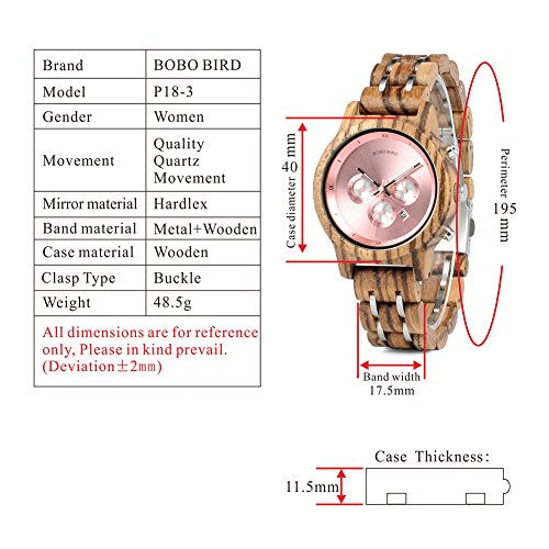 Women's Luxury Wooden Watch w/Pink Chronograph & Date Display