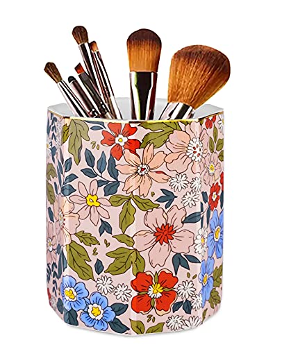 Ceramic Desk Organizer, Pencil Cup, Pen Holder, Makeup Brush Holder for Office, Classroom, Bathroom - Pink Floral