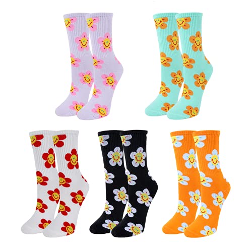 Womens Gils Novelty Funny Funky Crew Socks Colorful Crazy Cute Floral Animal Food Patterned Cotton Dress Socks Gifts,5 Pair Colorful Flower