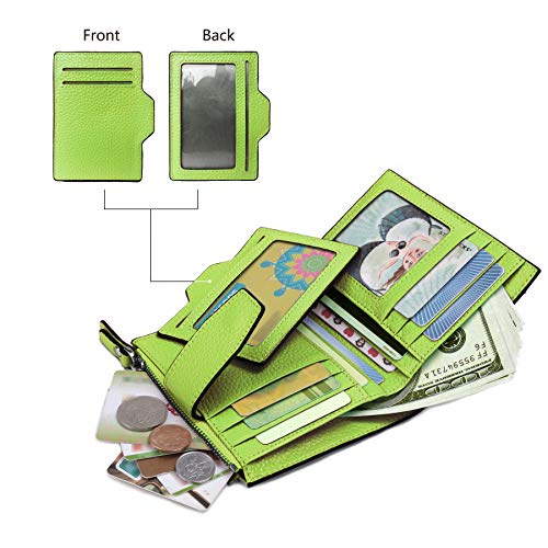 AINIMOER Women's RFID Blocking Leather Small Compact Bi-fold Zipper Pocket Wallet Card Case Purse (Lichee Light Green)