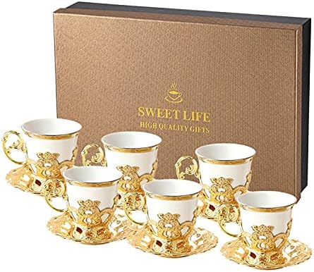 Turkish Tea Cup Set of 6 Espresso Turkish Coffee Cups with Metal Holders and Saucers Tea Cups And Saucers 2.8 Ounces Turkish Coffee Cup Set for Women