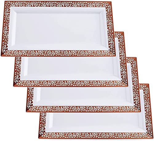Decorative Lace-Edged Rose Gold Disposable Party Tray Serving Platter Party Trays, 4-Pack