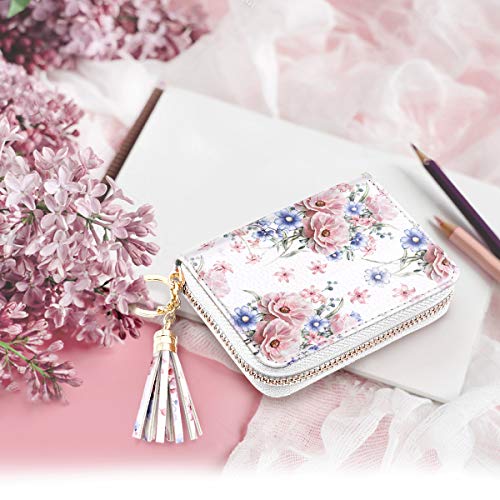 RFID Blocking Pocket Wallet and Card Holder with Tassel, Pink and Blue Flowers