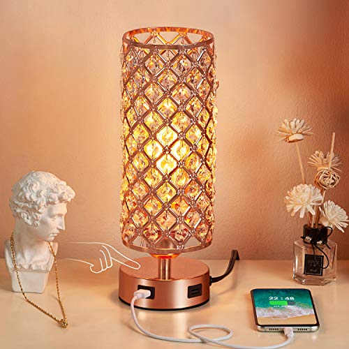 Touch USB Crystal Rose Gold Lamp Set of 2, 3-Way Touch Crystal Lamps with Dual USB Ports, Dimmable Nightstand Desk Light, Pink Bedside Table Lamp for Bedroom(Bulb Included&Set of 2)