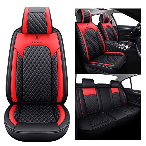 Aierxuan Car Seat Covers Full Set with Waterproof Leather, Seat Cushions Split Bench Universal Fit for Kia Soul Hyundai Accent Corolla CRV Vw Ford Ranger Fusion Wrangler (Full Set, Black-Red)