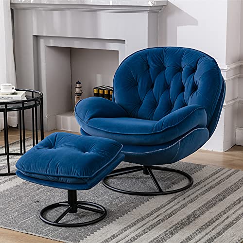 Baysitone Accent Chair with Ottoman,360 Degree Swivel Velvet Accent Chair, Lounge Armchair with Metal Base Frame for Living Room, Bedroom, Reading Room, Home Office (Blue)