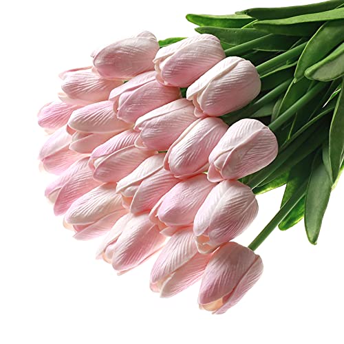 SOJIRUSPA Pink Tulips Artificial Flowers 20 Pcs Fake Tulips PU Artificial Tulips Flower Arrangement Faux Tulips Real Touch Tulip Fake Flowers Decoration Bouquet for Home Party Office Wedding Decor