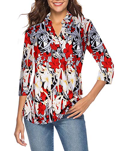 CEASIKERY Women's 3/4 Sleeve Floral V Neck Tops Casual Tunic Blouse Loose Shirt 009 Red